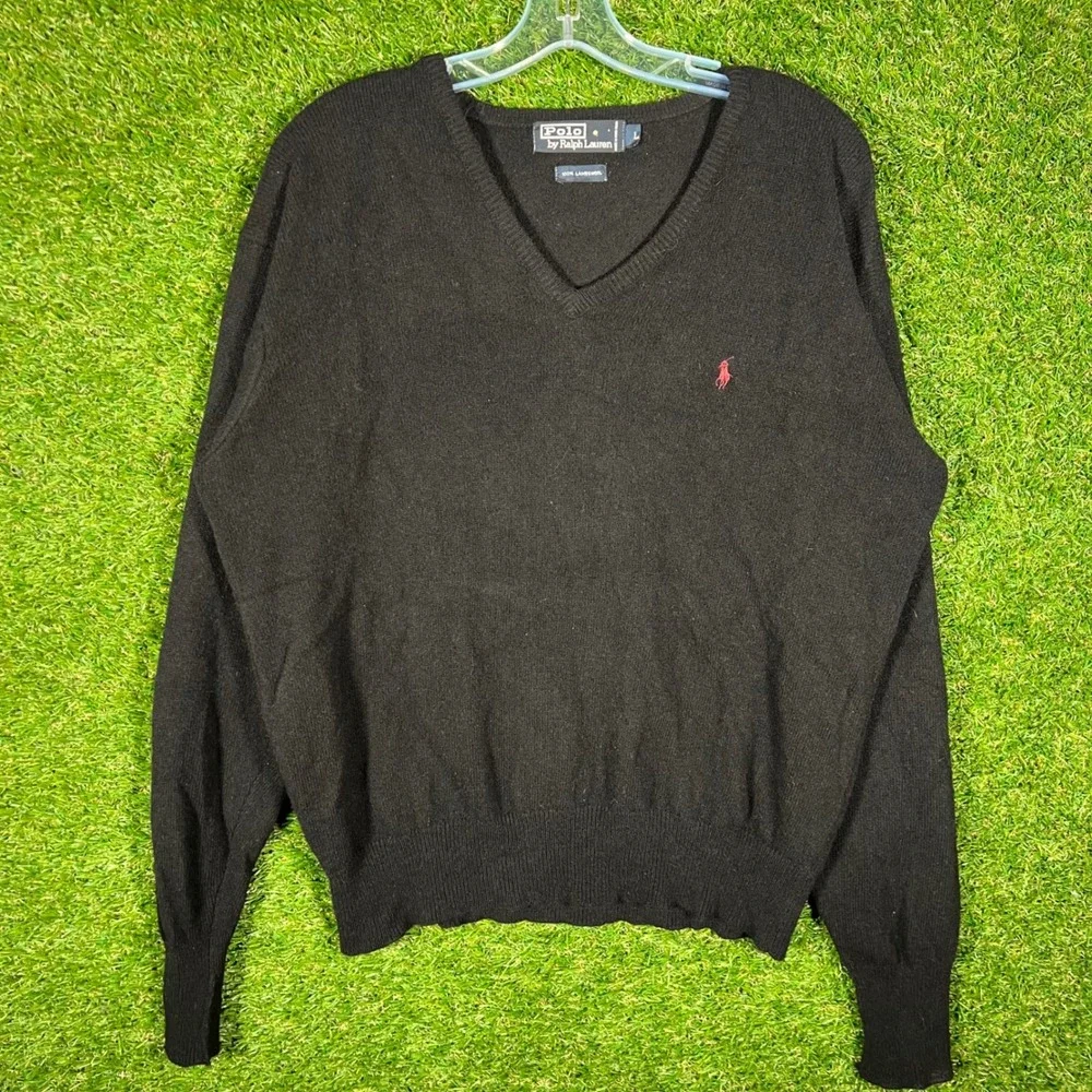 Polo Ralph Lauren Mens‎ V-Neck Sweater Black 100% Lambswool Vintage Large